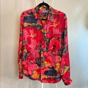 Pure silk Karuba women’s Red and Yellow Floral Button Down Shirt size M